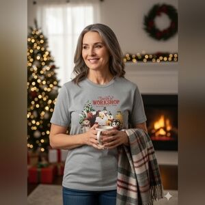 Santa's Workshop Christmas Holiday Graphic T-Shirt Crewneck Short Sleeve Gray